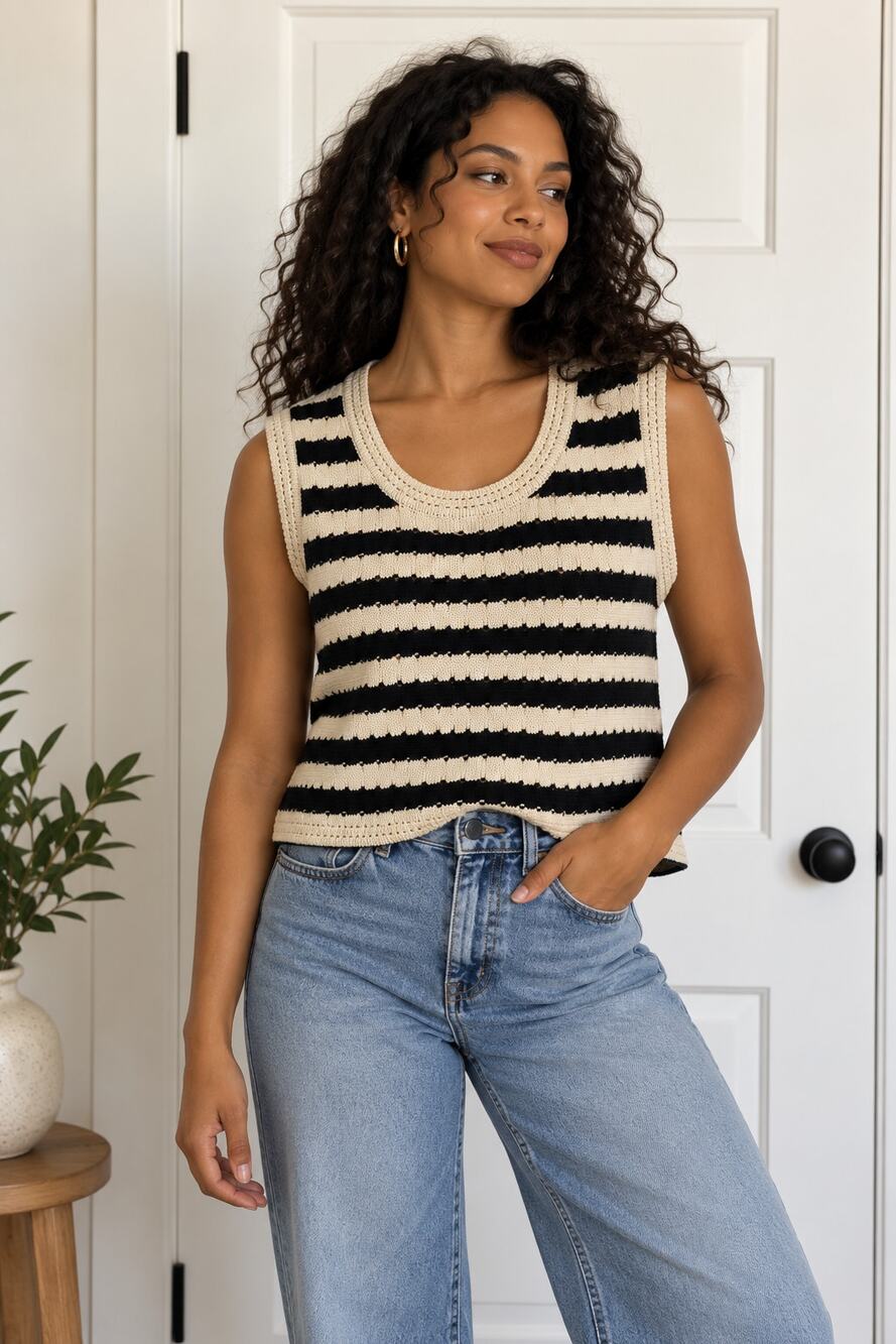 Commense Black Cream Striped Crochet Knit Sweater Vest Large Coastal Preppy ✨